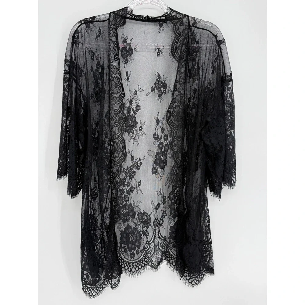 Avidlove Womens Black Floral Lace Sheer Kimono Robe Cover Up Eyelash Trim Sz M - Picture 1 of 9
